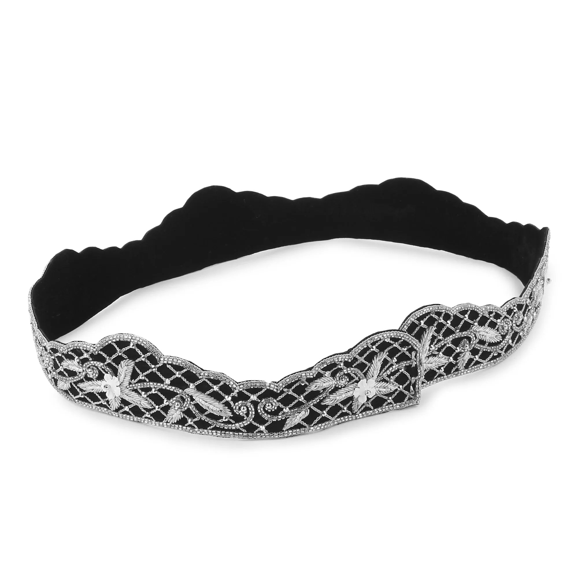 Black Waist Belt, White flowers, Swarovski Crystals & Decorative Stones