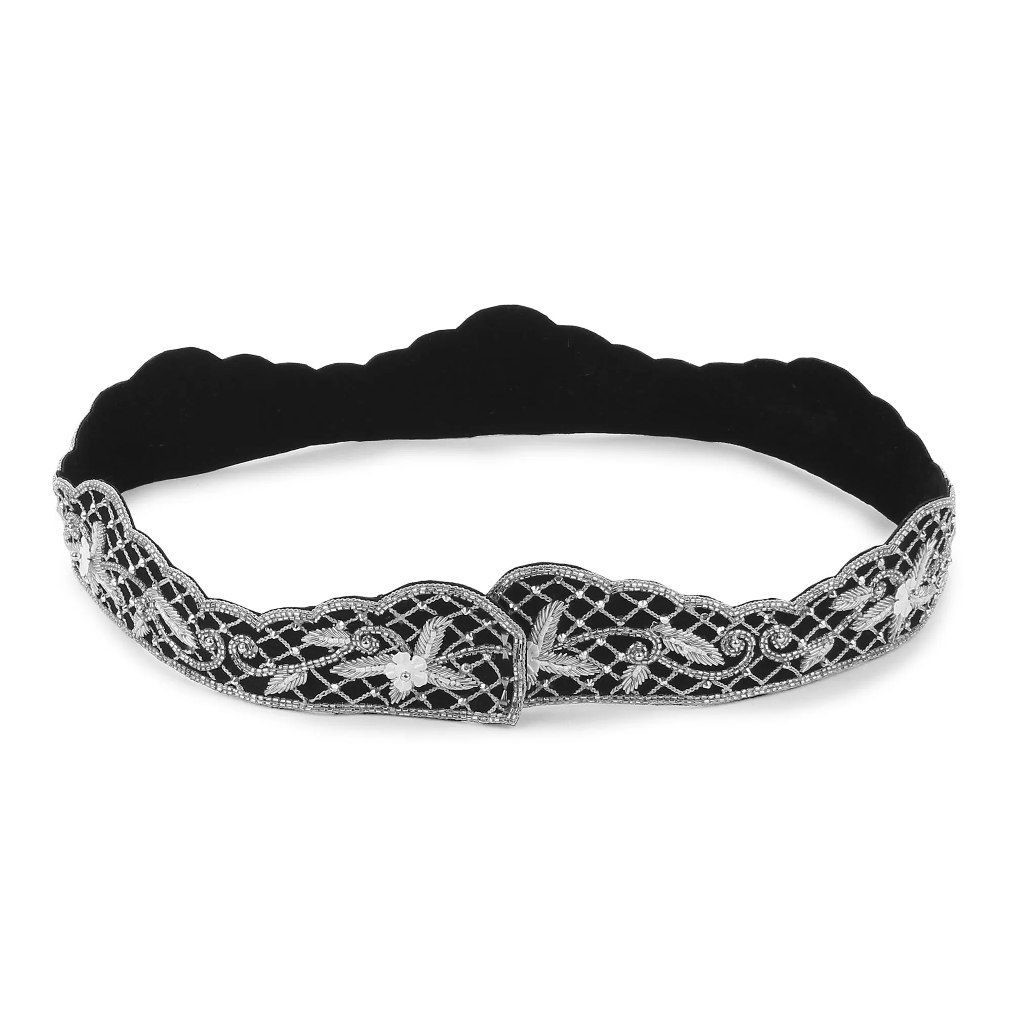Black Waist Belt, White flowers, Swarovski Crystals & Decorative Stones