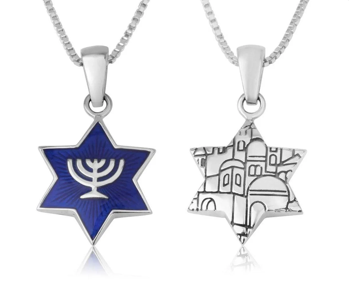 Blue Enamel Star David Embedded Menorah Silver Pendant Jewelry Holy Land Gift