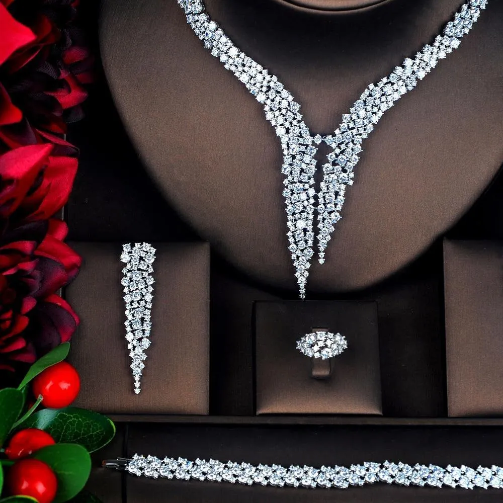 Brilliant Luxury Design AAAA  Quality Cubic Zircon Diamonds 4 piece Bridal Wedding Jewelry Set