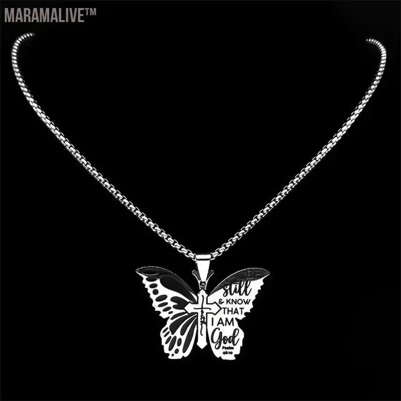 Butterfly Faith Cross Pendant Necklace for Women Men Stainless Steel Be Still and Know That I Am God Psalm Chain Jewelry collier