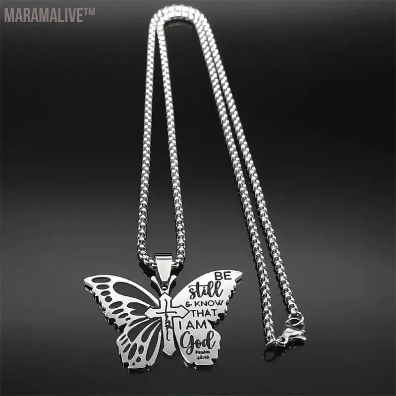Butterfly Faith Cross Pendant Necklace for Women Men Stainless Steel Be Still and Know That I Am God Psalm Chain Jewelry collier