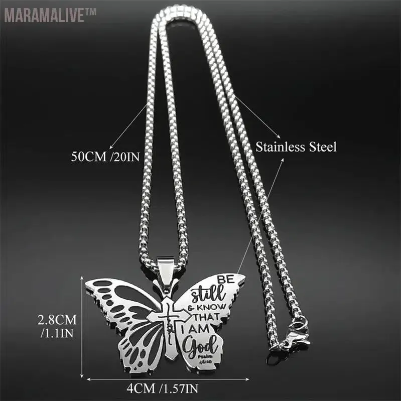 Butterfly Faith Cross Pendant Necklace for Women Men Stainless Steel Be Still and Know That I Am God Psalm Chain Jewelry collier