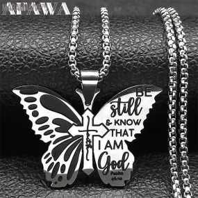 Butterfly Faith Cross Pendant Necklace for Women Men Stainless Steel Be Still and Know That I Am God Psalm Chain Jewelry collier