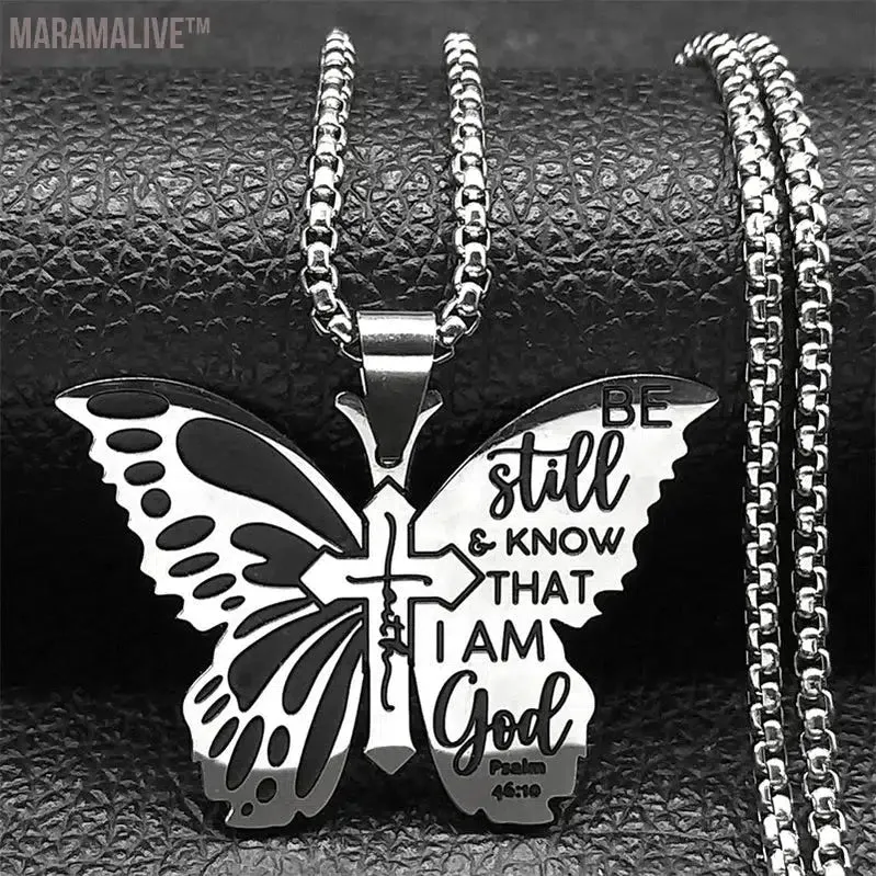 Butterfly Faith Cross Pendant Necklace for Women Men Stainless Steel Be Still and Know That I Am God Psalm Chain Jewelry collier