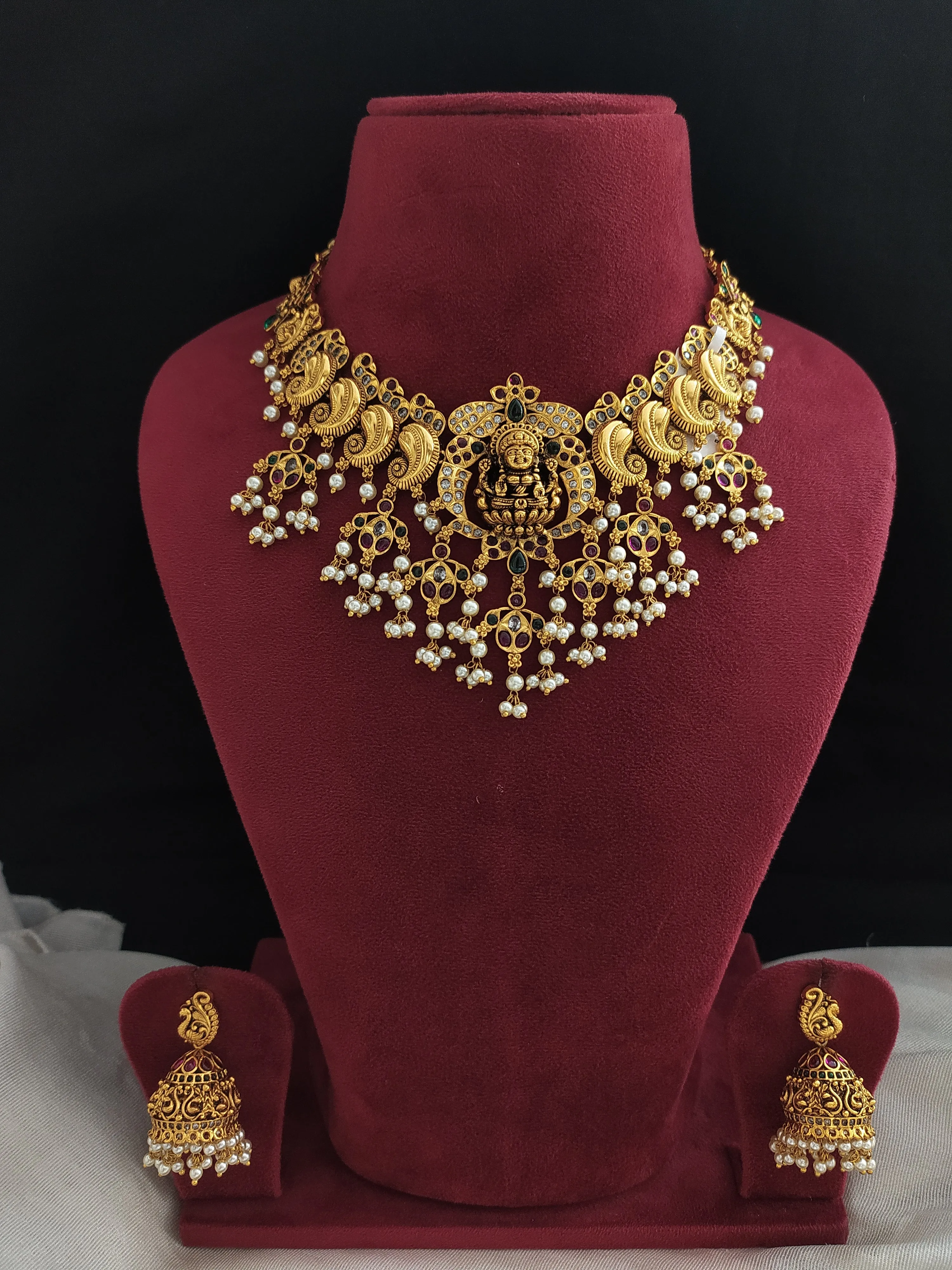 Center Lakshmi Pendant Antique Necklace Set Having Kemp Stones and Pearls