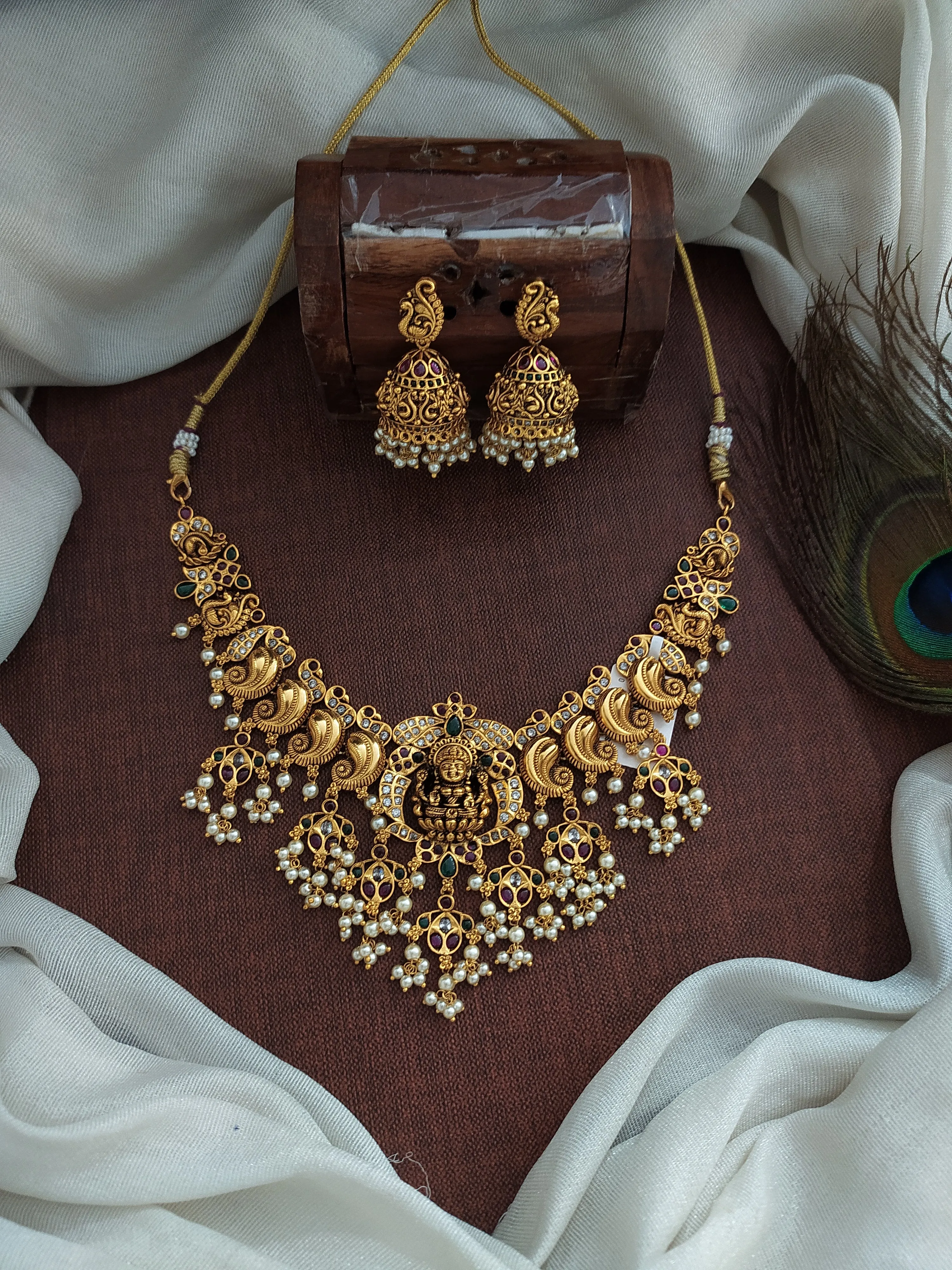 Center Lakshmi Pendant Antique Necklace Set Having Kemp Stones and Pearls