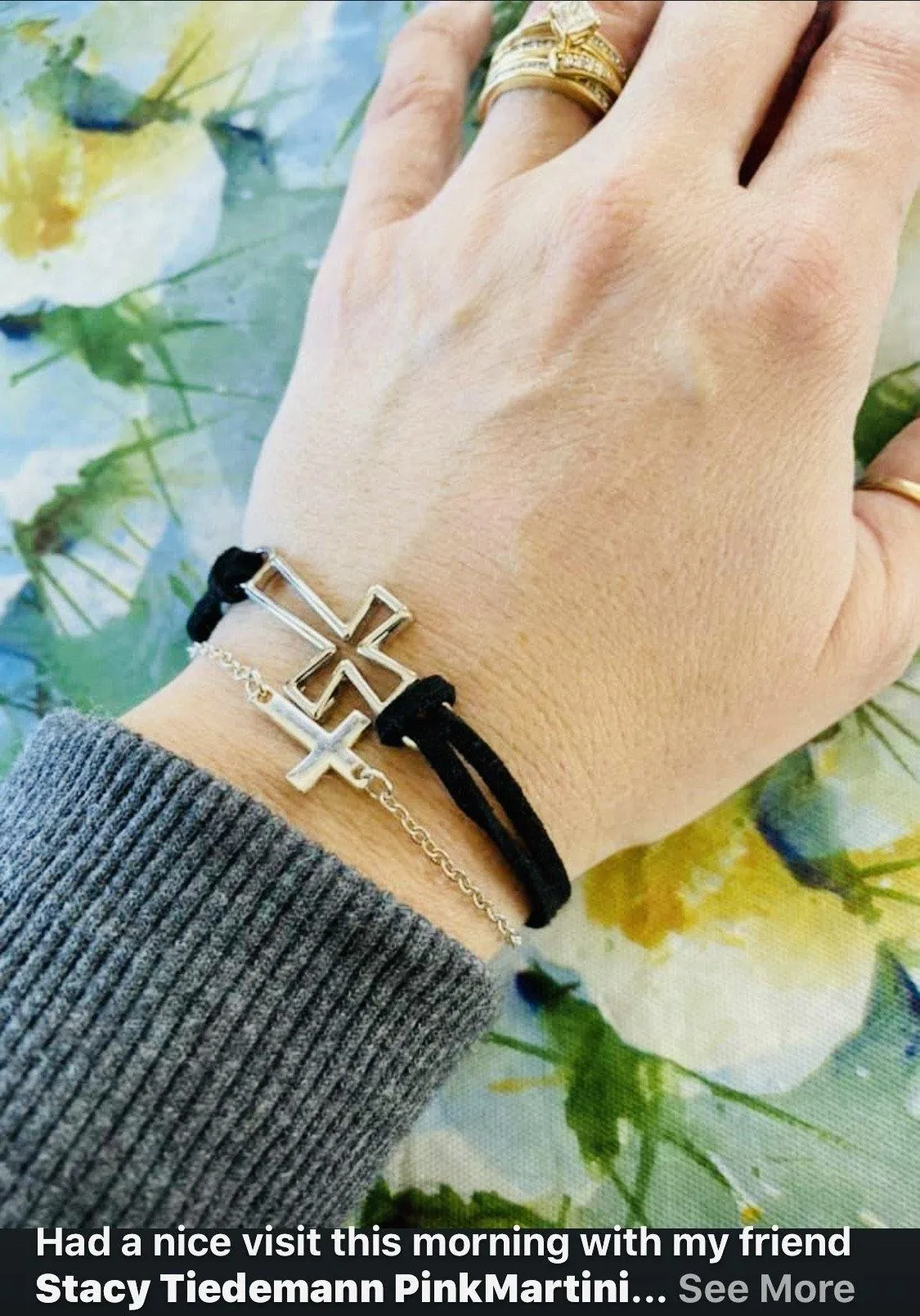 Cross bracelet • Silver • Black cording Adjustable extender Lobster clasp