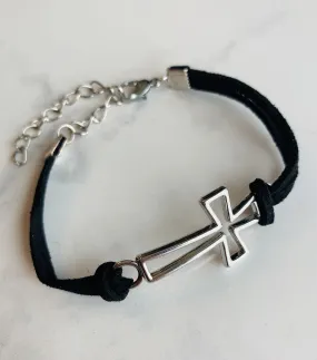Cross bracelet • Silver • Black cording Adjustable extender Lobster clasp