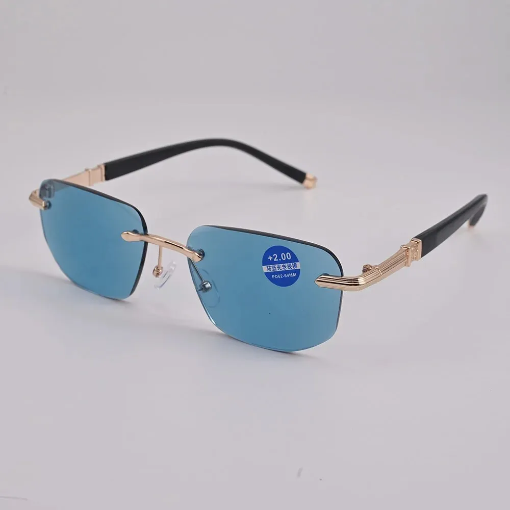 Cubojue Unisex Rimless Square Alloy Dark Green Lens Hyperopic Reading Glasses