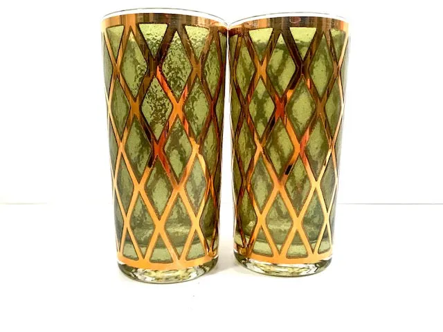 Culver Signed Mid-Century 22-Karat Gold and Green Diamond Highball Glasses (Set of 2)