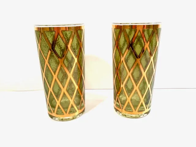 Culver Signed Mid-Century 22-Karat Gold and Green Diamond Highball Glasses (Set of 2)