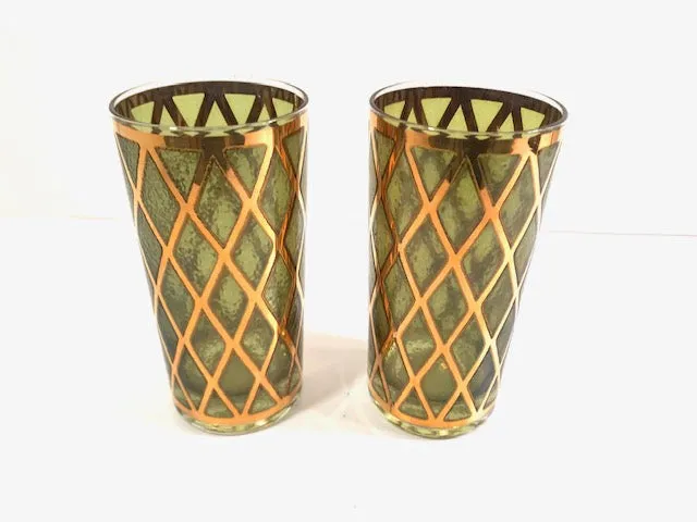 Culver Signed Mid-Century 22-Karat Gold and Green Diamond Highball Glasses (Set of 2)