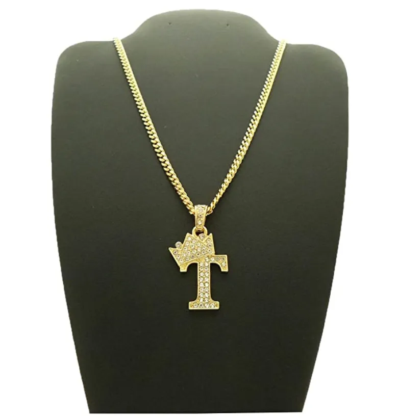 Custom Name Crown Letter Necklace Gold Color Metal Alloy Simulated Diamond Rope Hip Hop Jewelry King Letter Pendant