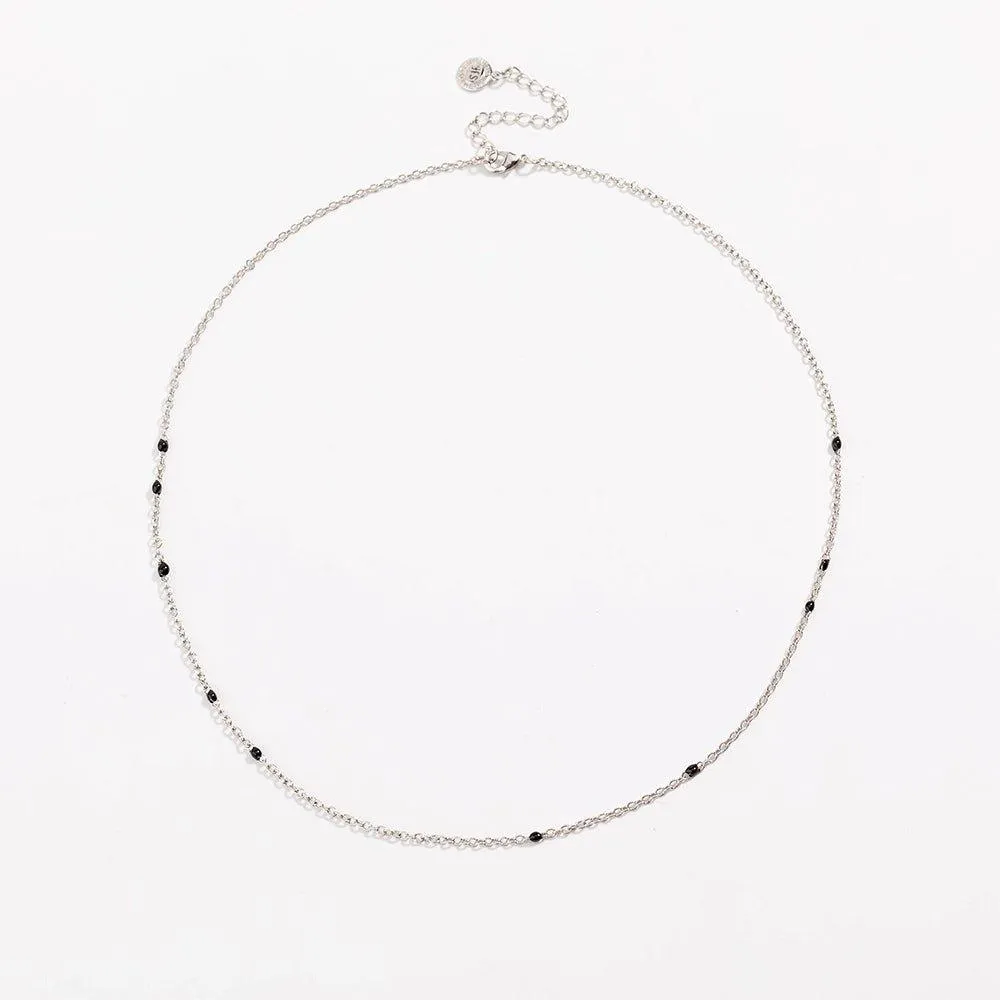 Dainty Black Onyx Beaded Link Necklace for Women in White or Yellow Gold by Hollywood Sensation®