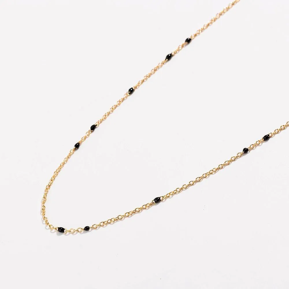 Dainty Black Onyx Beaded Link Necklace for Women in White or Yellow Gold by Hollywood Sensation®