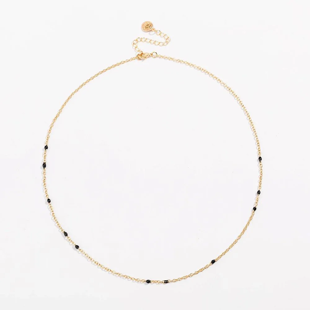 Dainty Black Onyx Beaded Link Necklace for Women in White or Yellow Gold by Hollywood Sensation®