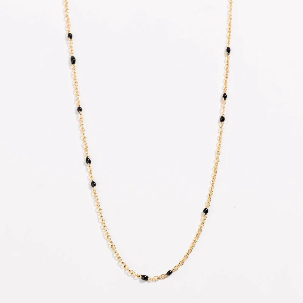 Dainty Black Onyx Beaded Link Necklace for Women in White or Yellow Gold by Hollywood Sensation®