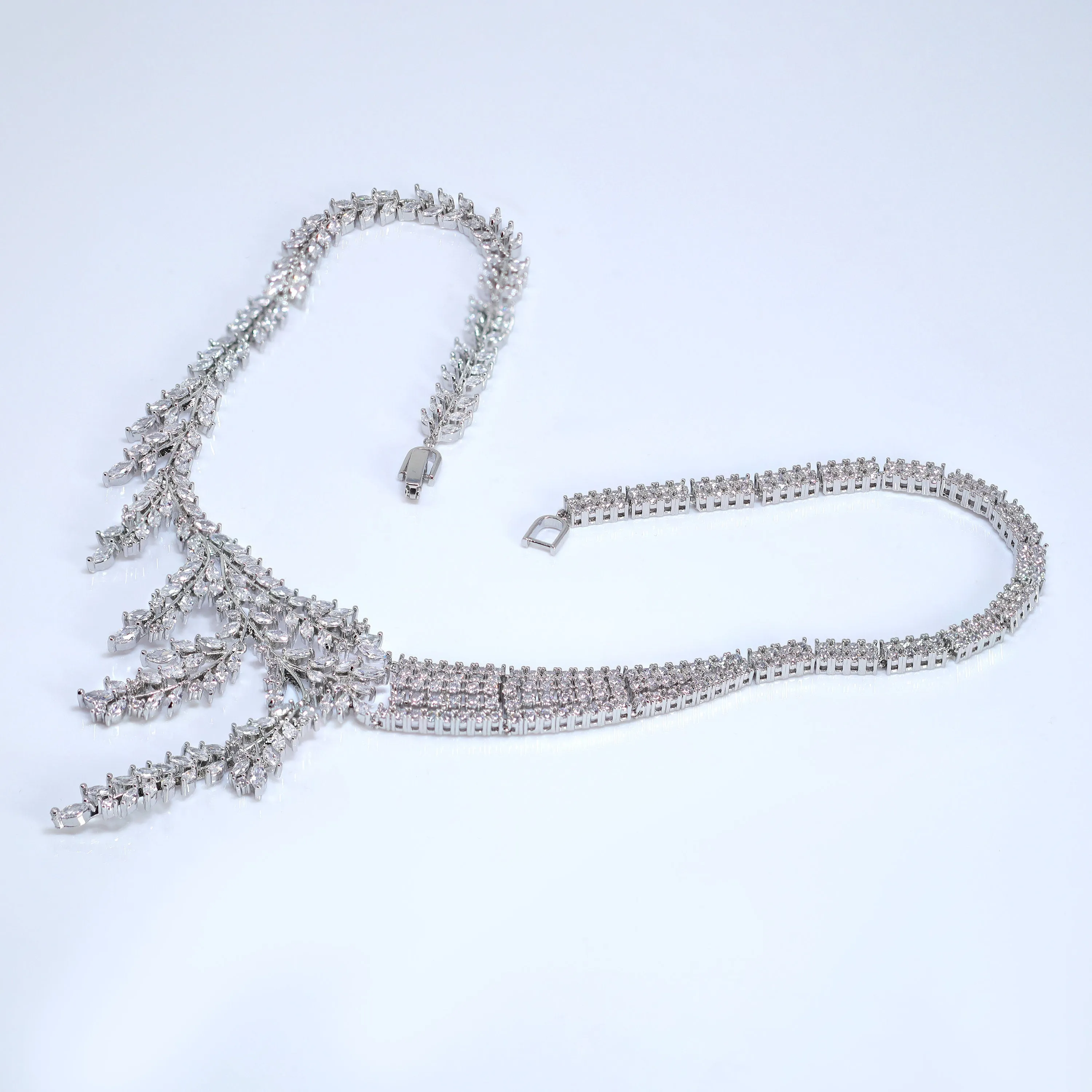 Diamond/ Swarovski Crystal Bunch Of Fallen Leaves asymmetrical Necklace Set , Long Bridal Jewelry, Crystal Earrings, Statement Earrings