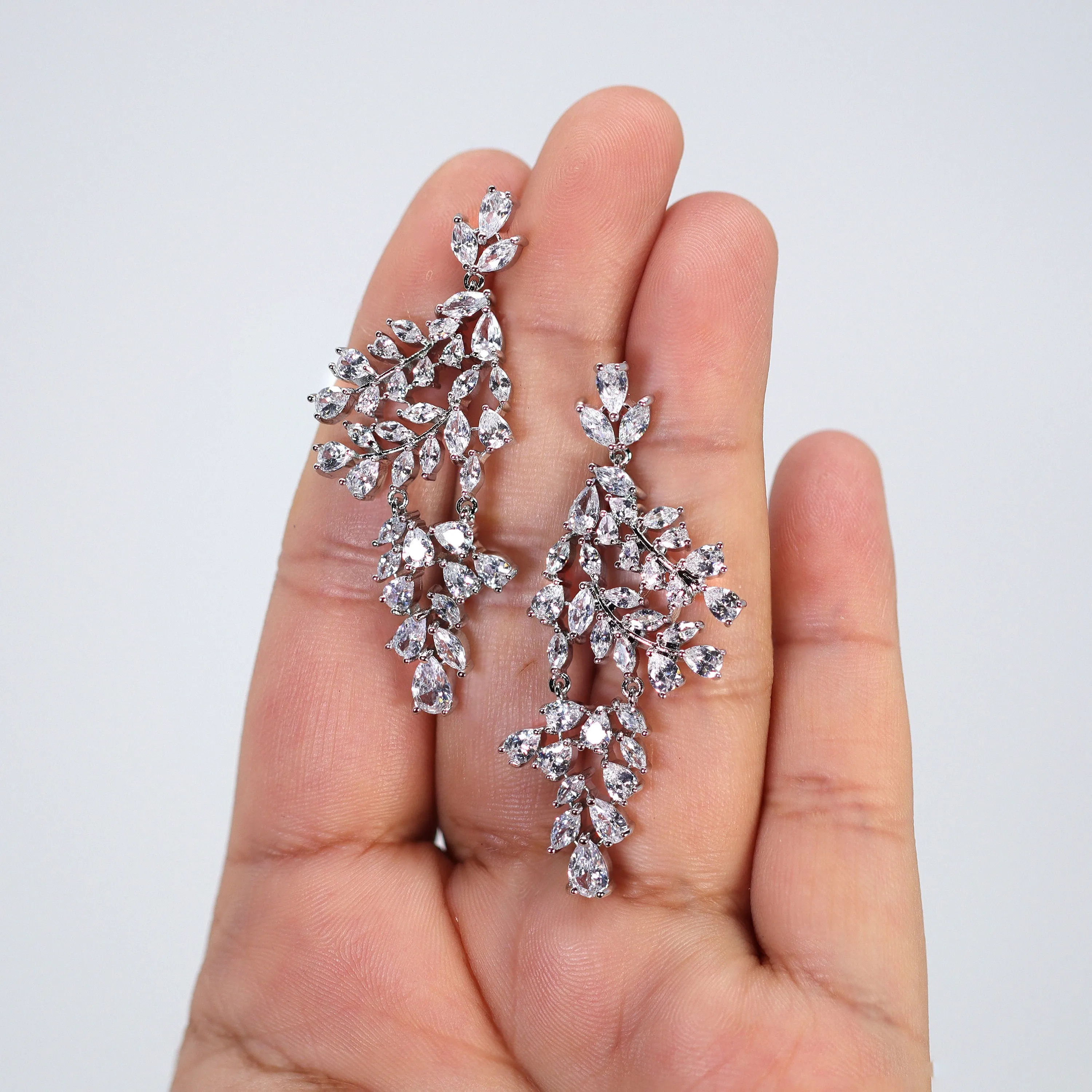 Diamond/ Swarovski Crystal Bunch Of Fallen Leaves asymmetrical Necklace Set , Long Bridal Jewelry, Crystal Earrings, Statement Earrings