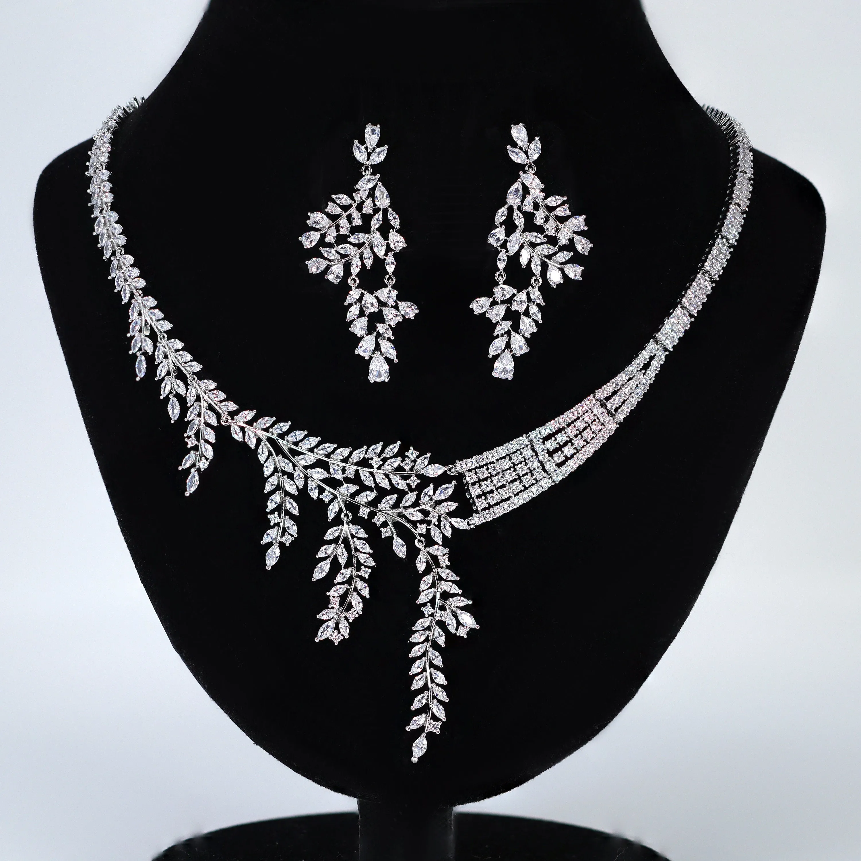 Diamond/ Swarovski Crystal Bunch Of Fallen Leaves asymmetrical Necklace Set , Long Bridal Jewelry, Crystal Earrings, Statement Earrings