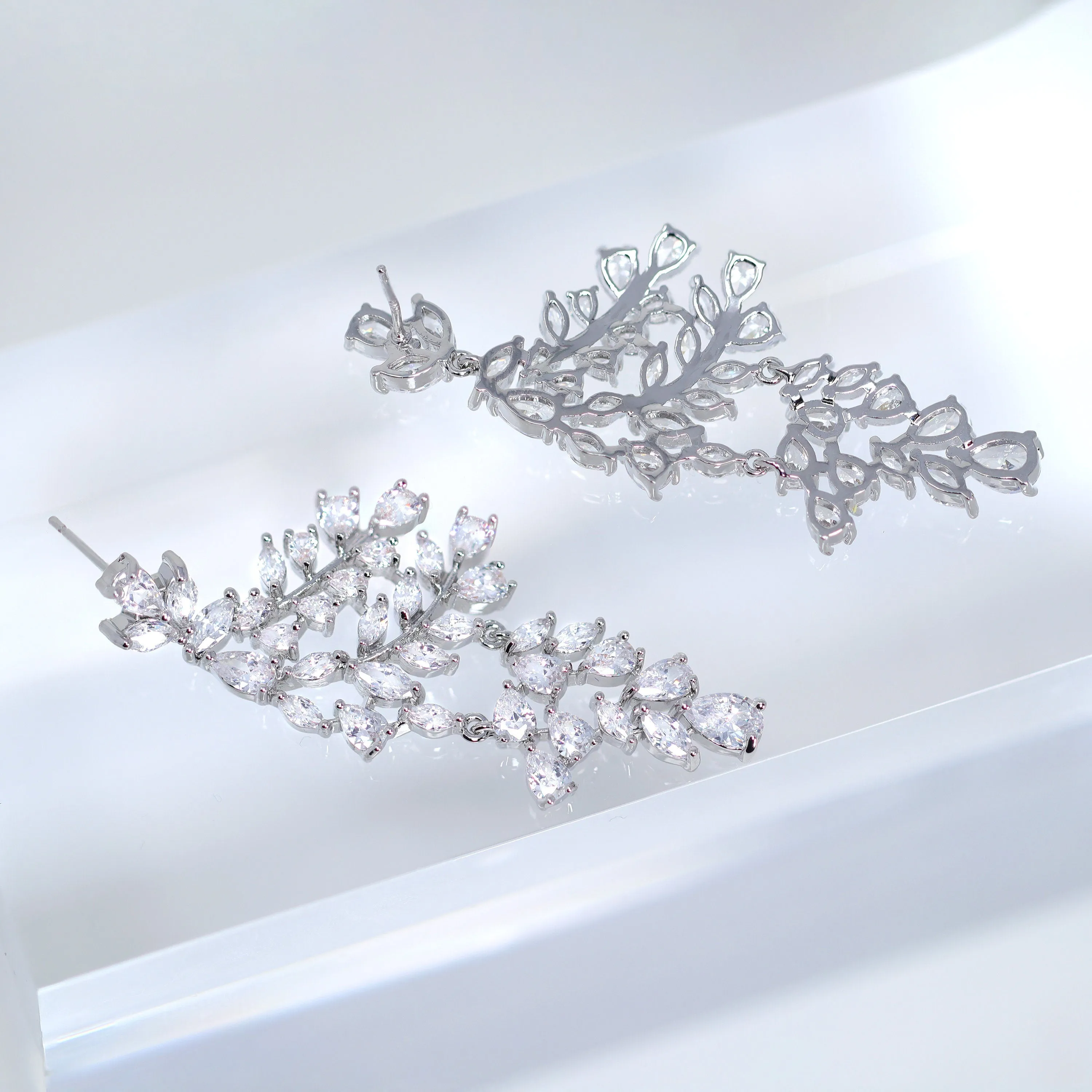 Diamond/ Swarovski Crystal Bunch Of Fallen Leaves asymmetrical Necklace Set , Long Bridal Jewelry, Crystal Earrings, Statement Earrings