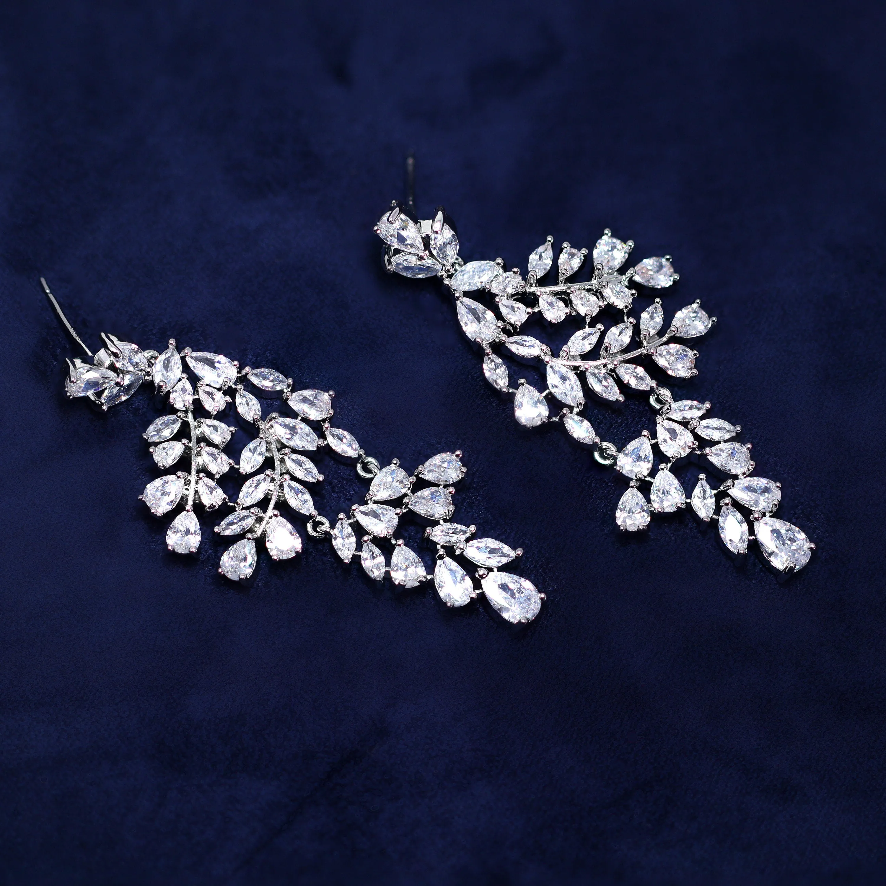 Diamond/ Swarovski Crystal Bunch Of Fallen Leaves asymmetrical Necklace Set , Long Bridal Jewelry, Crystal Earrings, Statement Earrings