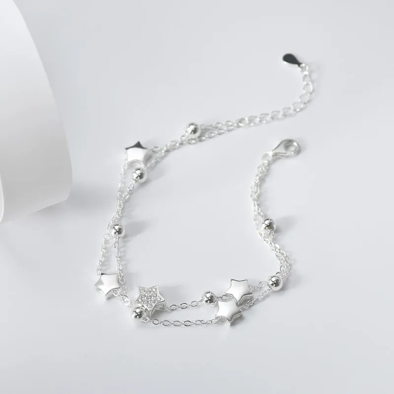 Double-chain Beading Star and Round Beads Silver Bracelet for Women