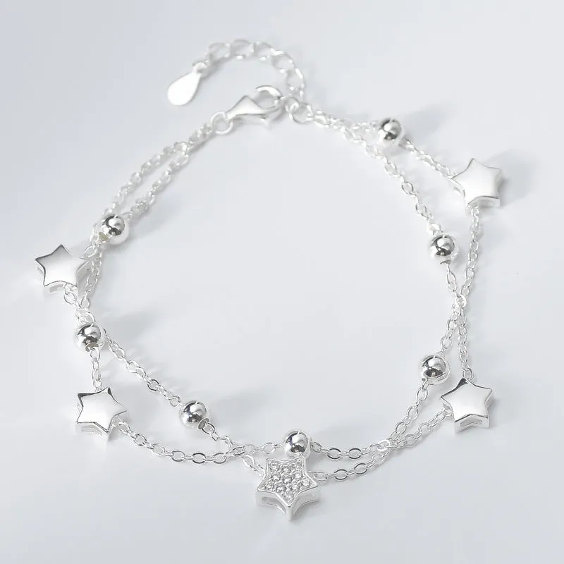 Double-chain Beading Star and Round Beads Silver Bracelet for Women