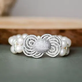 Double Rows Freshwater Pearls Floral CZ Micro Pave Wedding Bracelet, Bride, Bridesmaids