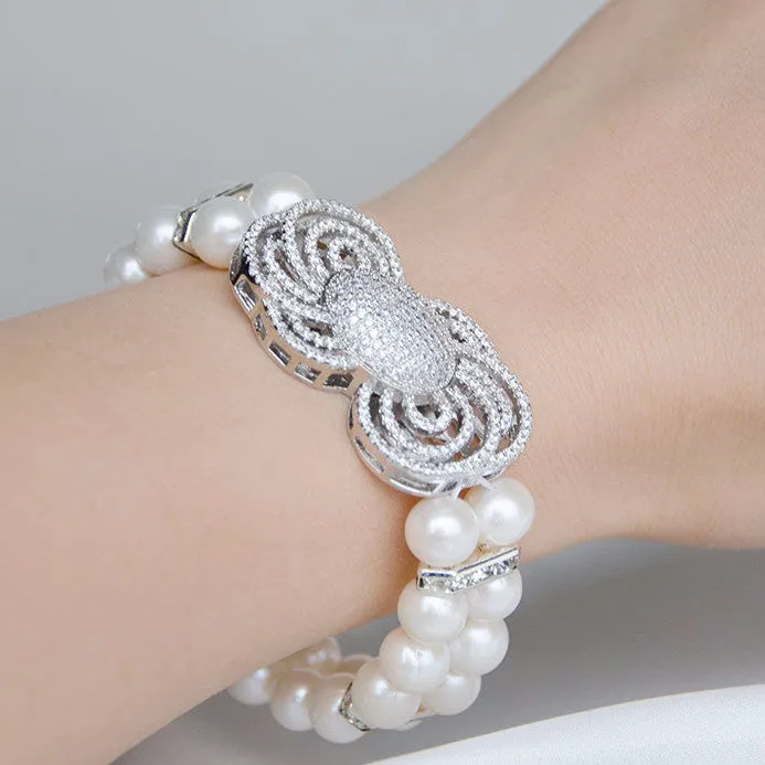 Double Rows Freshwater Pearls Floral CZ Micro Pave Wedding Bracelet, Bride, Bridesmaids