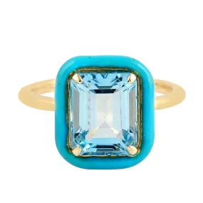 Emerald Cut Blue Topaz Enamel Cocktail Ring Jewelry In 14k Yellow Gold Gift For Her