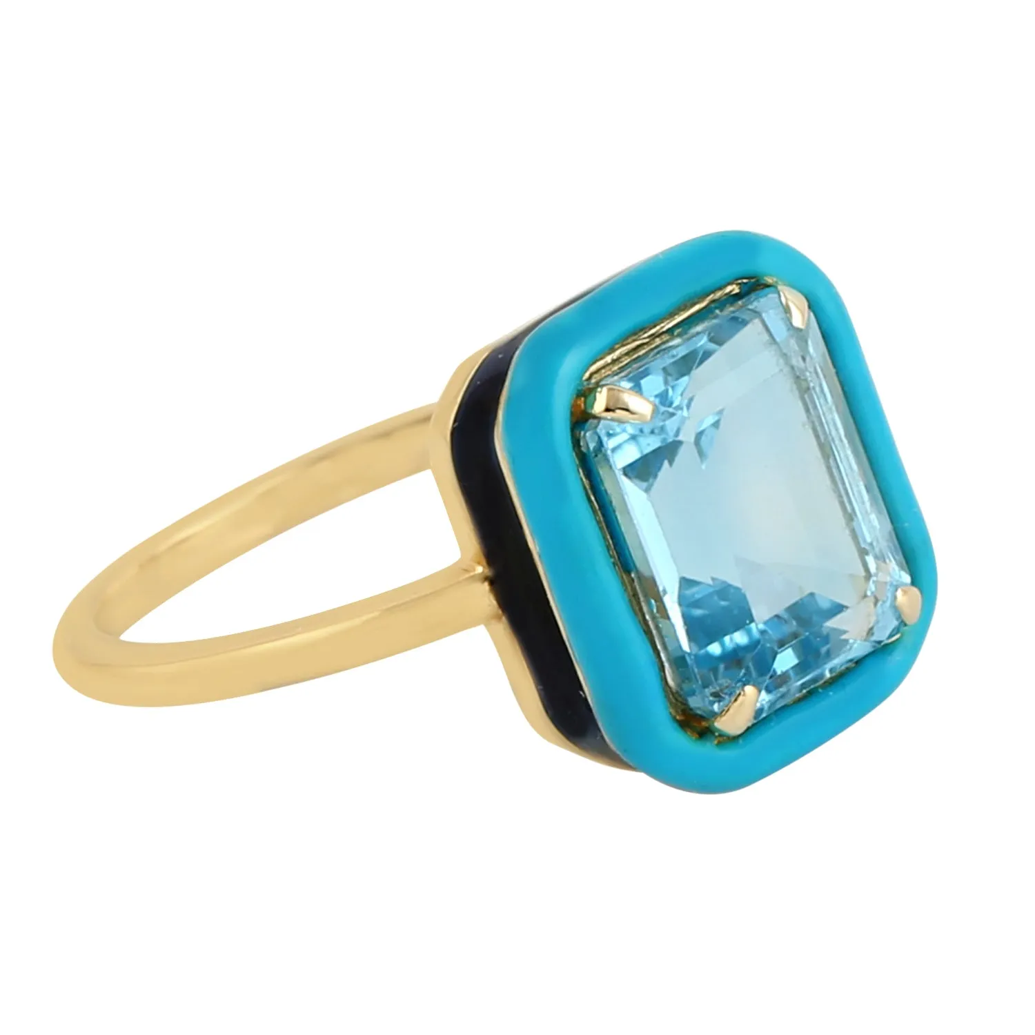 Emerald Cut Blue Topaz Enamel Cocktail Ring Jewelry In 14k Yellow Gold Gift For Her