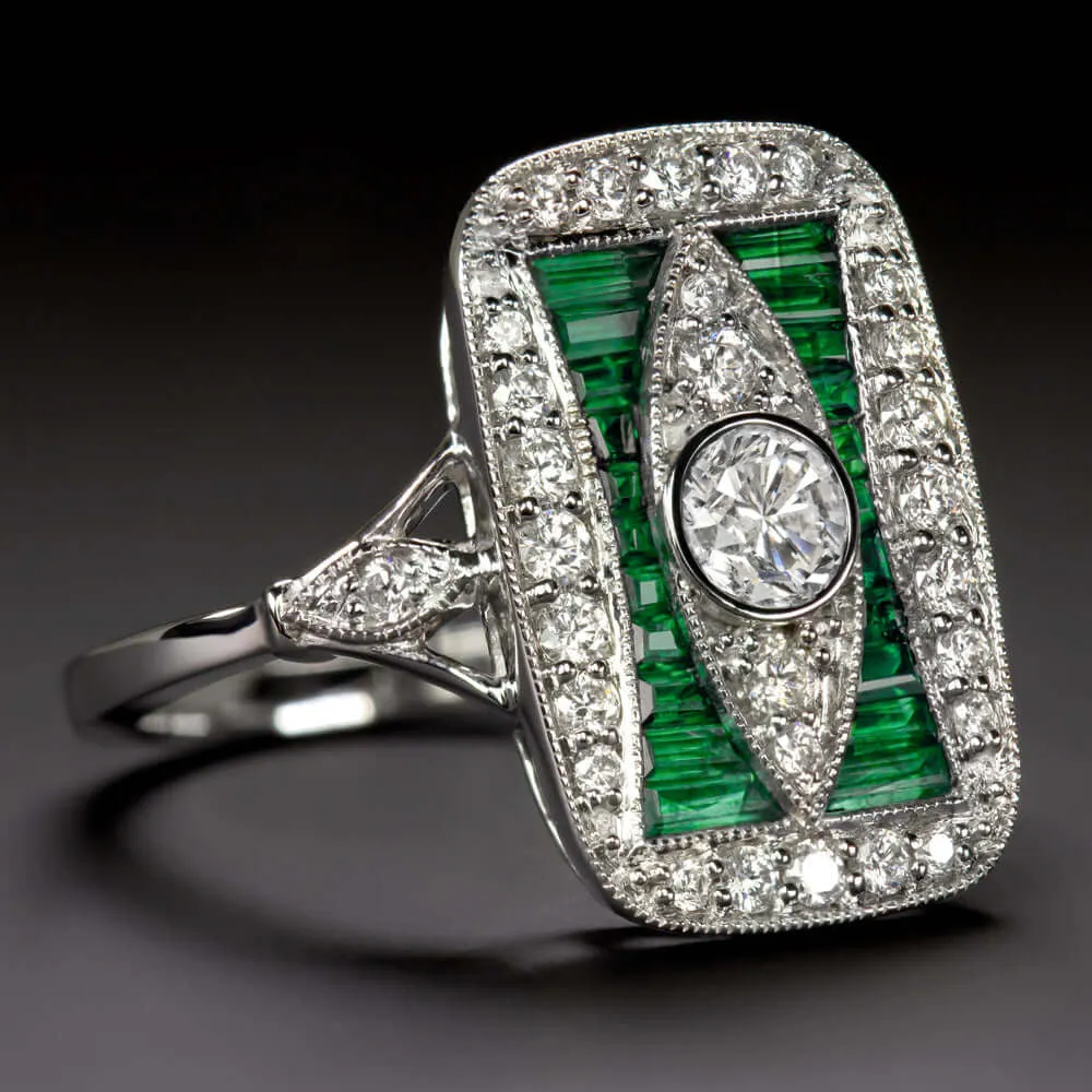 EMERALD DIAMOND VINTAGE STYLE COCKTAIL RING ART DECO 14k WHITE GOLD NATURAL