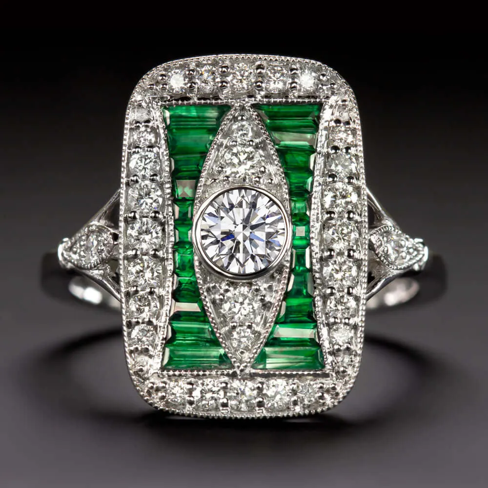 EMERALD DIAMOND VINTAGE STYLE COCKTAIL RING ART DECO 14k WHITE GOLD NATURAL