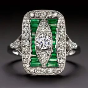 EMERALD DIAMOND VINTAGE STYLE COCKTAIL RING ART DECO 14k WHITE GOLD NATURAL