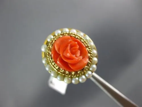 ESTATE AAA CORAL & PEARL 14KT YELLOW GOLD CLASSIC FILIGREE FLOWER COCKTAIL RING