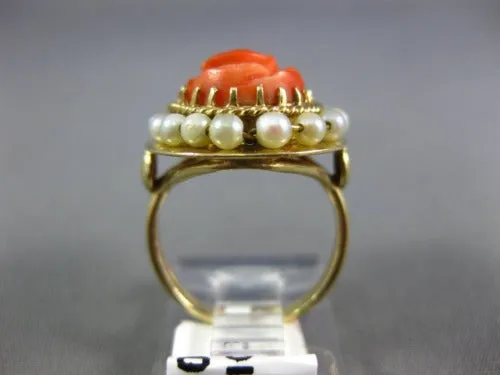 ESTATE AAA CORAL & PEARL 14KT YELLOW GOLD CLASSIC FILIGREE FLOWER COCKTAIL RING