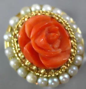 ESTATE AAA CORAL & PEARL 14KT YELLOW GOLD CLASSIC FILIGREE FLOWER COCKTAIL RING
