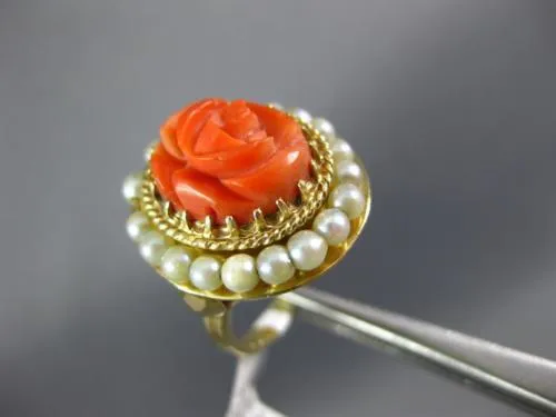 ESTATE AAA CORAL & PEARL 14KT YELLOW GOLD CLASSIC FILIGREE FLOWER COCKTAIL RING