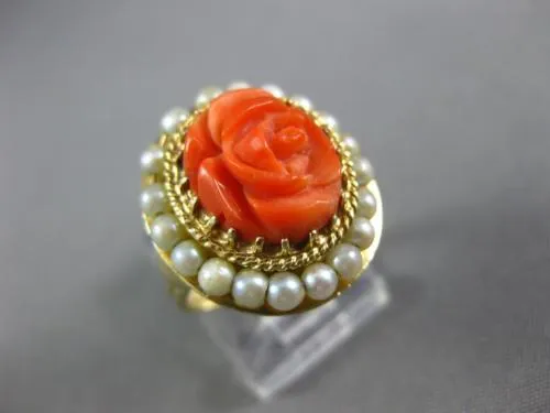 ESTATE AAA CORAL & PEARL 14KT YELLOW GOLD CLASSIC FILIGREE FLOWER COCKTAIL RING
