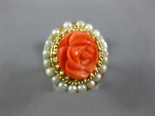 ESTATE AAA CORAL & PEARL 14KT YELLOW GOLD CLASSIC FILIGREE FLOWER COCKTAIL RING