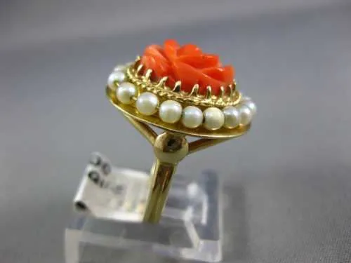 ESTATE AAA CORAL & PEARL 14KT YELLOW GOLD CLASSIC FILIGREE FLOWER COCKTAIL RING