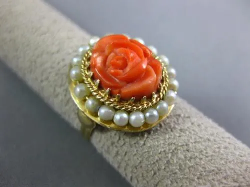 ESTATE AAA CORAL & PEARL 14KT YELLOW GOLD CLASSIC FILIGREE FLOWER COCKTAIL RING