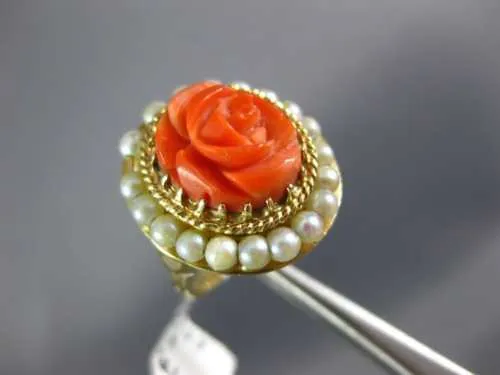 ESTATE AAA CORAL & PEARL 14KT YELLOW GOLD CLASSIC FILIGREE FLOWER COCKTAIL RING
