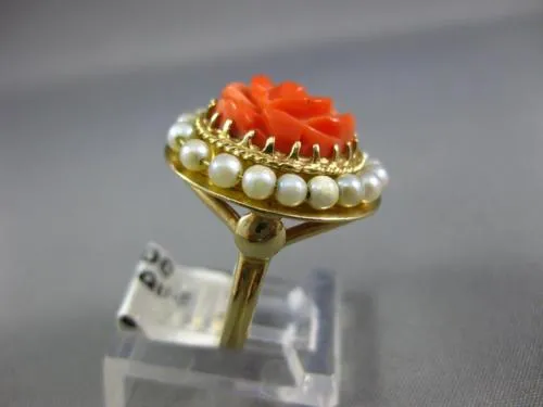 ESTATE AAA CORAL & PEARL 14KT YELLOW GOLD CLASSIC FILIGREE FLOWER COCKTAIL RING