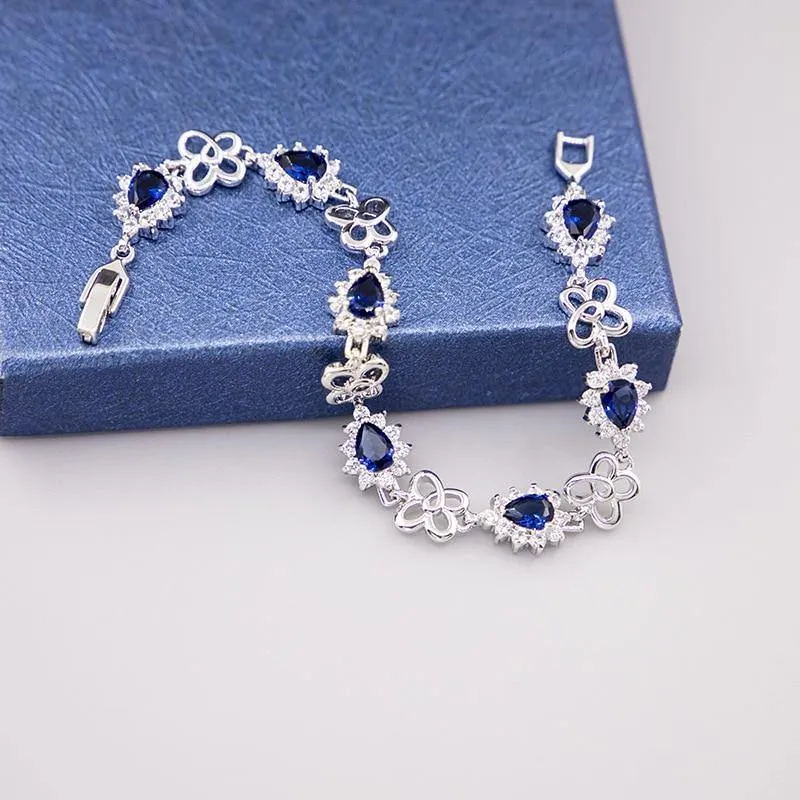 Excellent Silver 925 Blue Sapphire Necklace Earrings Ring Pendant Bracelet Jewelry Sets