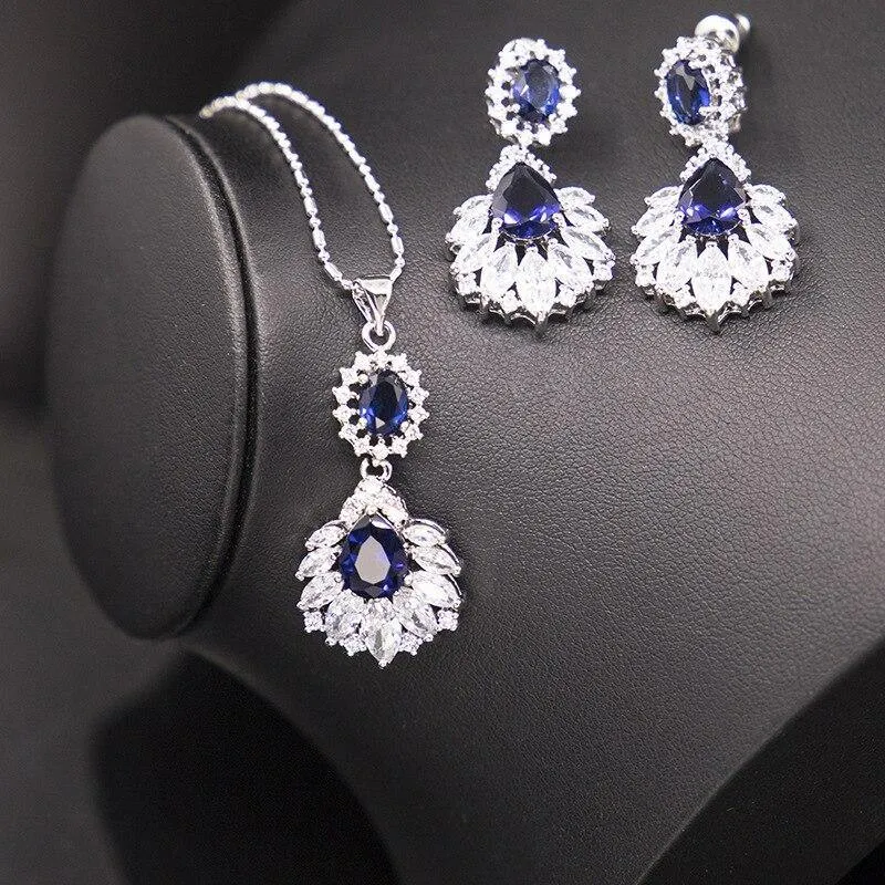 Excellent Silver 925 Blue Sapphire Necklace Earrings Ring Pendant Bracelet Jewelry Sets