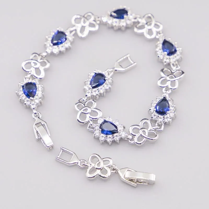 Excellent Silver 925 Blue Sapphire Necklace Earrings Ring Pendant Bracelet Jewelry Sets