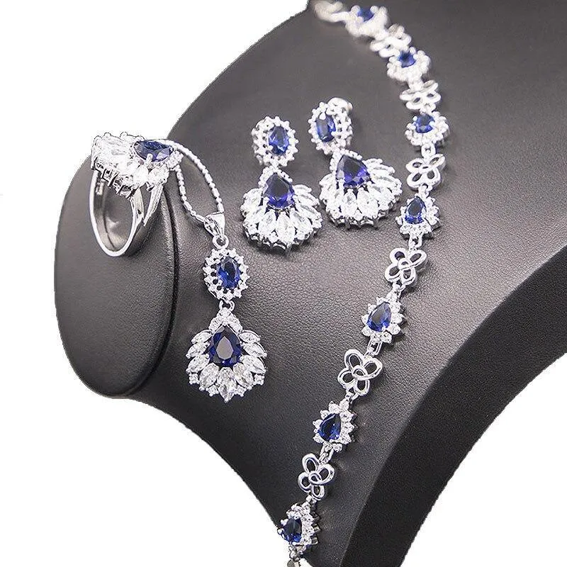 Excellent Silver 925 Blue Sapphire Necklace Earrings Ring Pendant Bracelet Jewelry Sets
